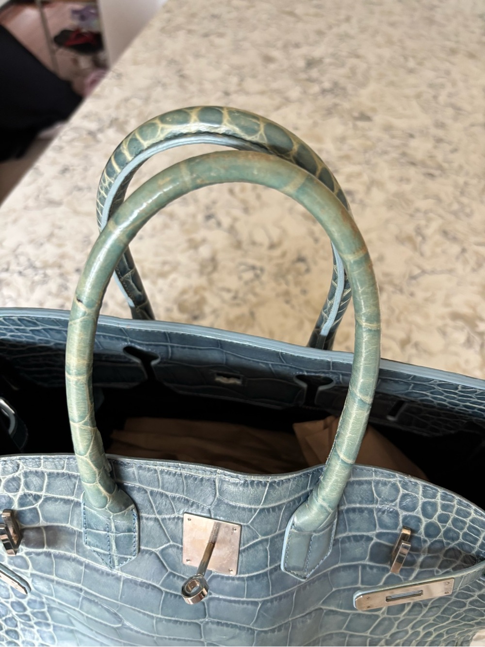 Birkin Designer-Style Croc Embossed Tote Bag in Teal Green - Picture 4 of 10
